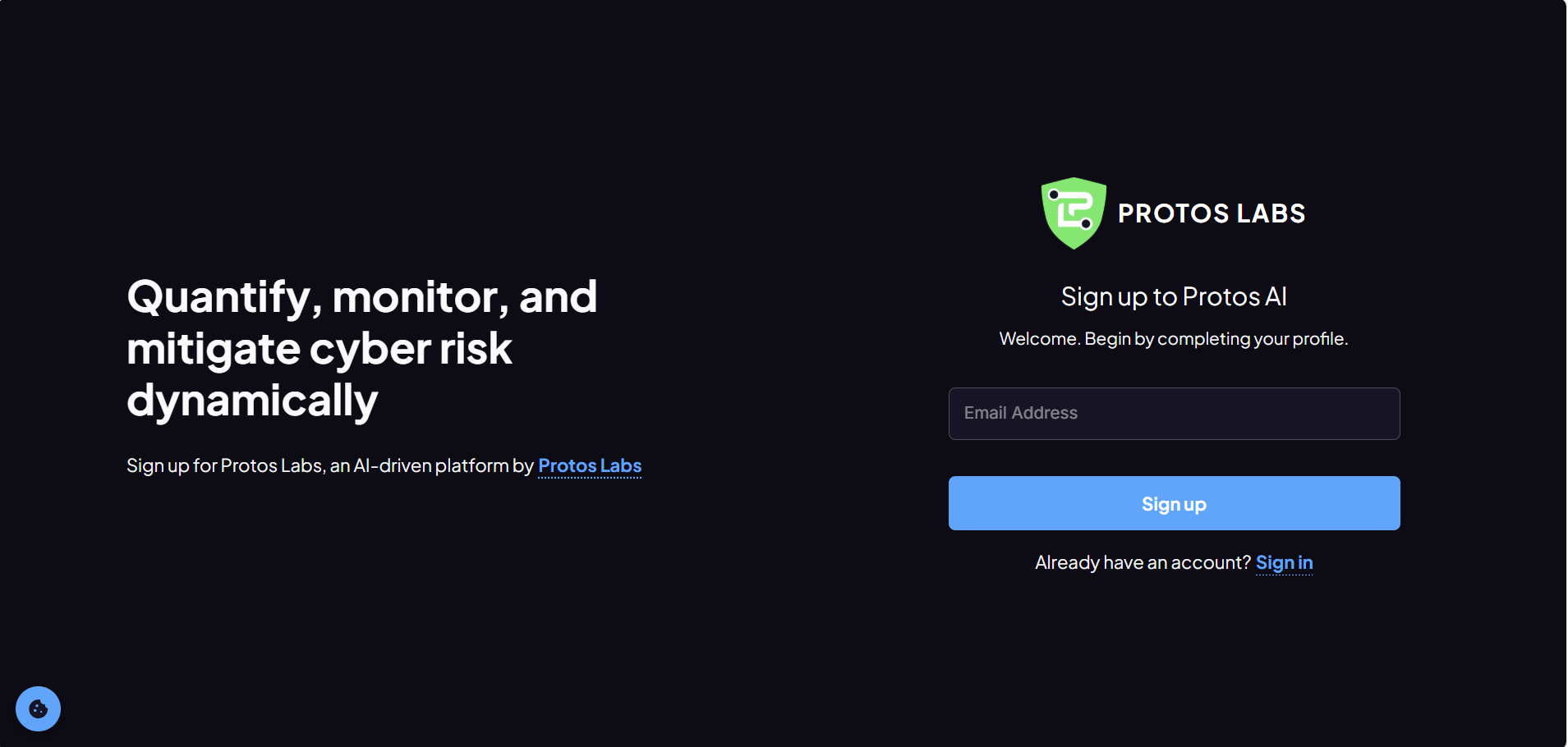 Protos AI sign-up step 1 — create your account