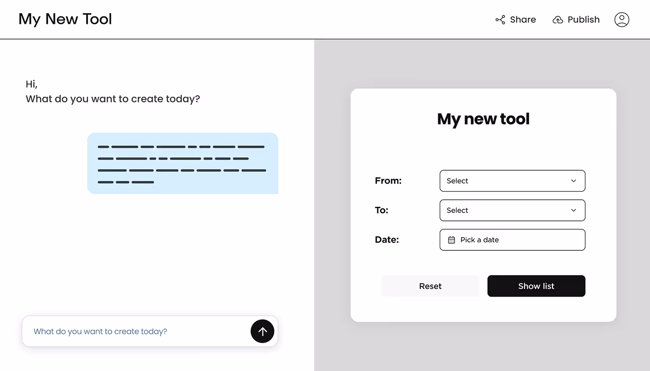 Legato chat-based workspace showing tool creation with form inputs, enabling users to describe ideas and turn them into production-ready solutions.