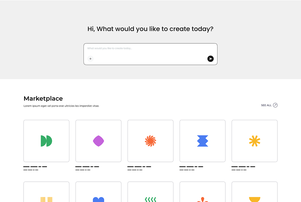 Webpage interface showing a search bar with the prompt 'Hi, What would you like to create today?' and a grid layout labeled 'Marketplace' featuring colorful abstract icons.