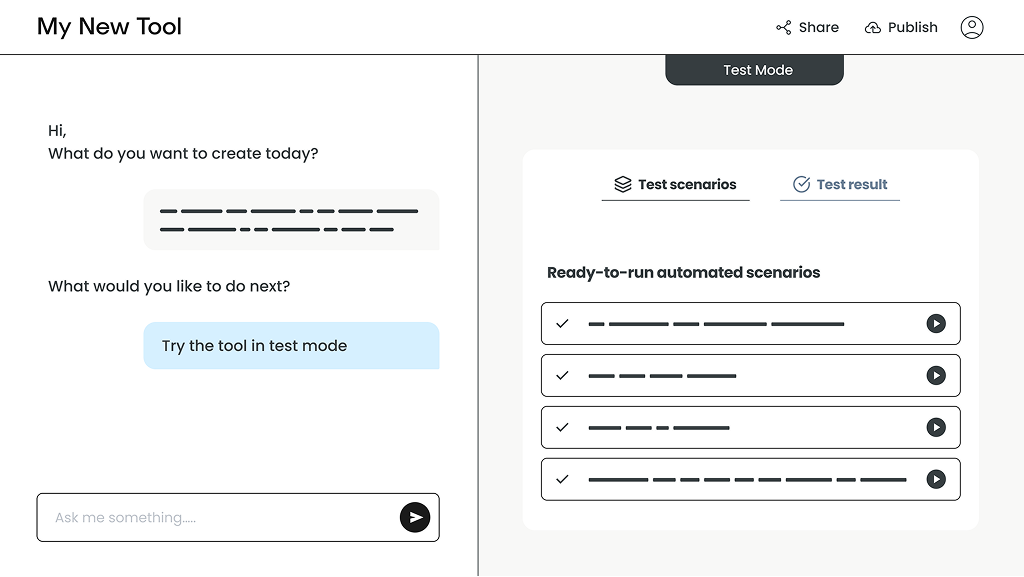 User interface of a tool named My New Tool with a chat on the left prompting user input and a right panel showing test mode with ready-to-run automated scenarios and a test result tab.
