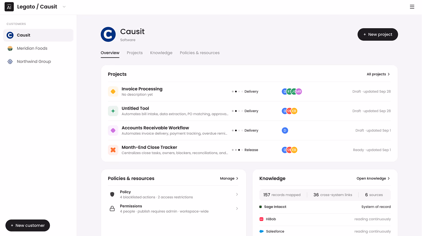 Legato AI customer workspace showing software projects, knowledge, policies, and resources for system integrators.