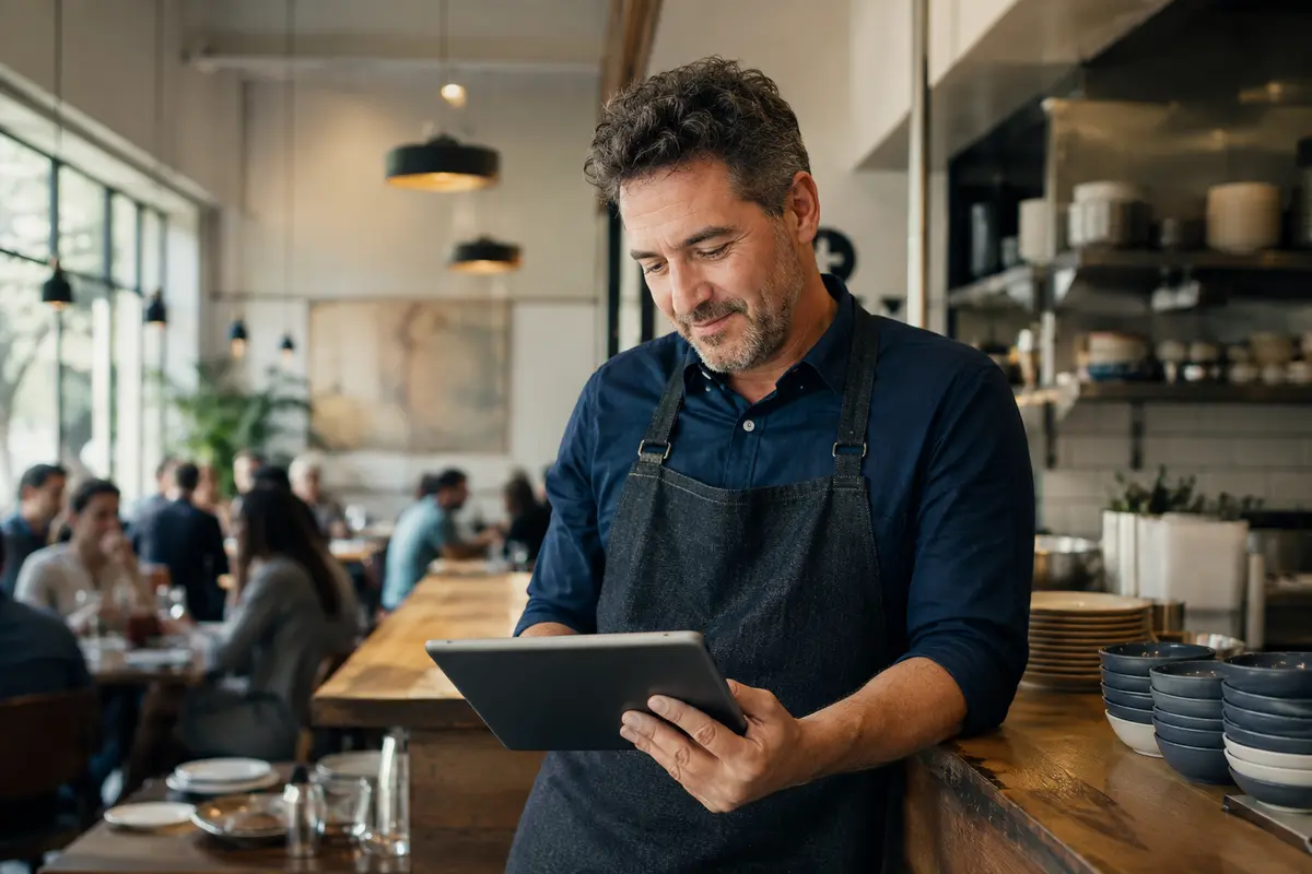 Restaurant owner reviewing customer feedback on a tablet