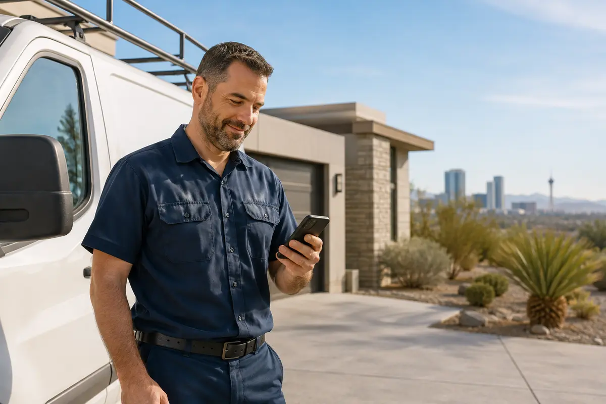 Home-services business owner reviewing customer feedback beside a service van