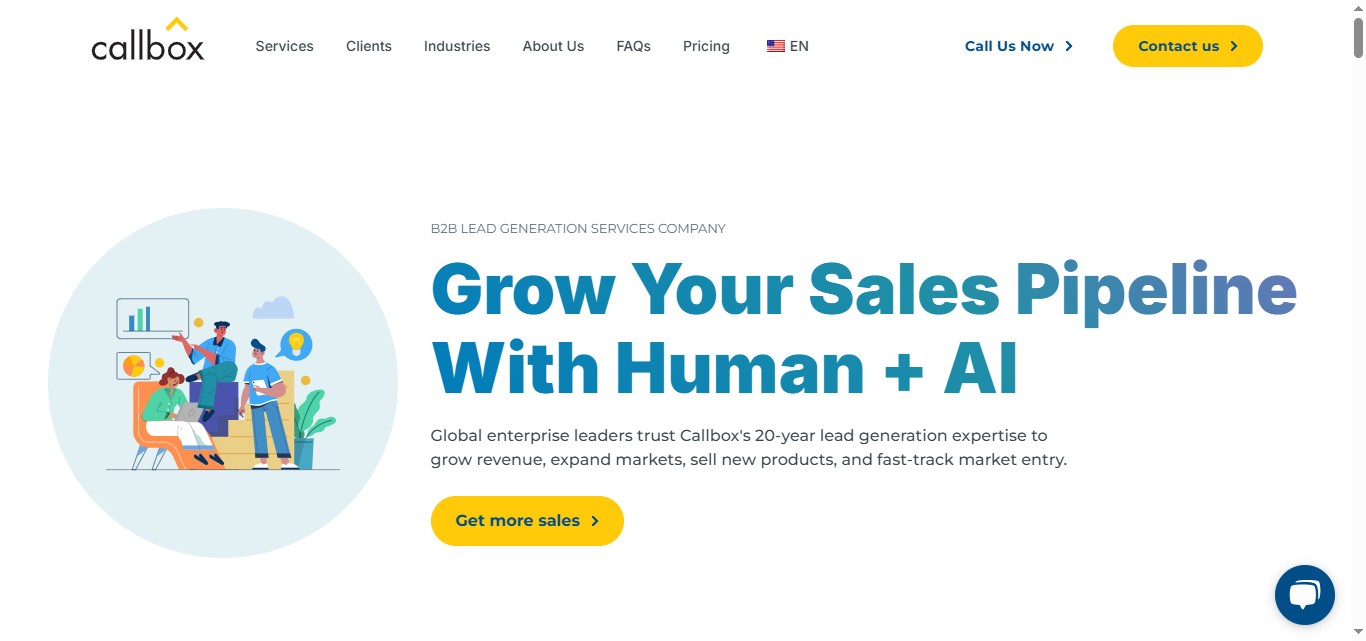 Callbox website homepage with text 'Grow Your Sales Pipeline With Human + AI'.