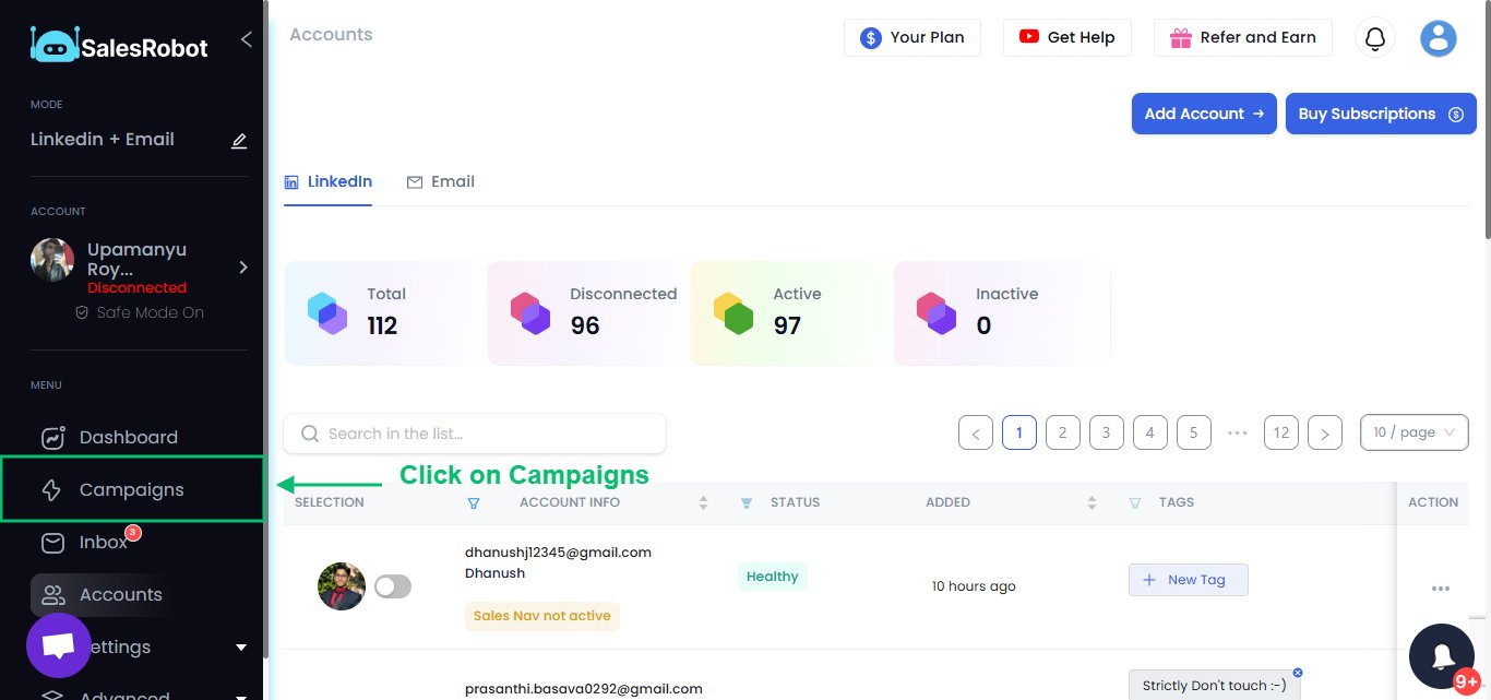 SalesRobot dashboard with a focus on the 'Campaigns' tab.