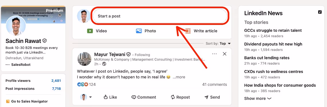 Screenshot of a LinkedIn activity feed with a red arrow pointing to a "Start a post" button