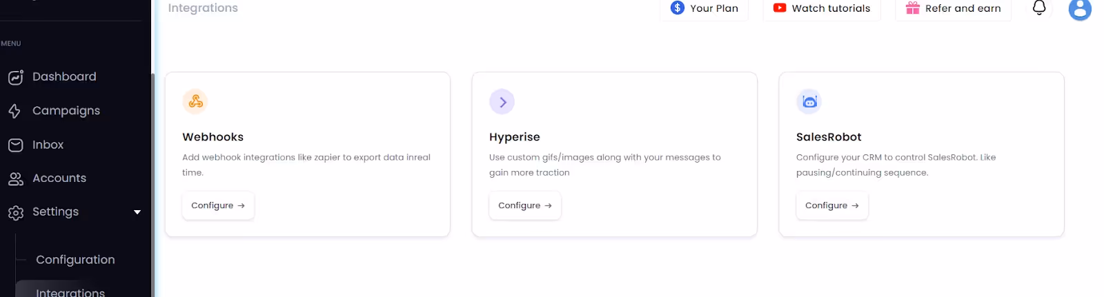 Screenshot of Salesrobot's integrations