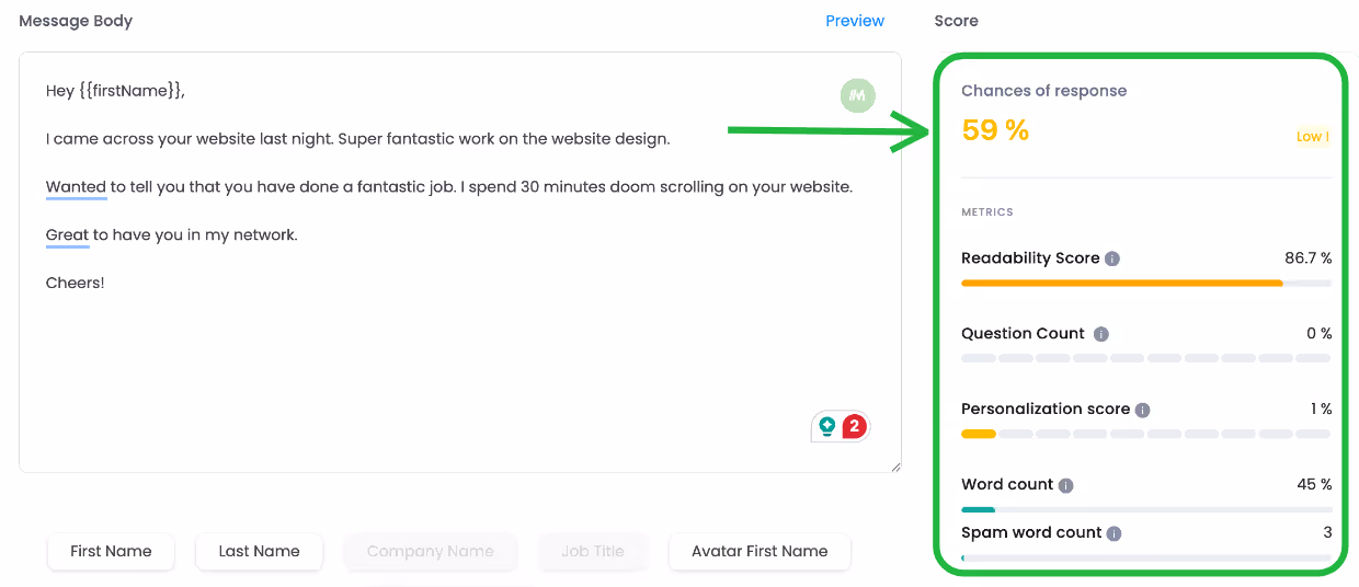 A screenshot showing the chance of response to a message being 59%
