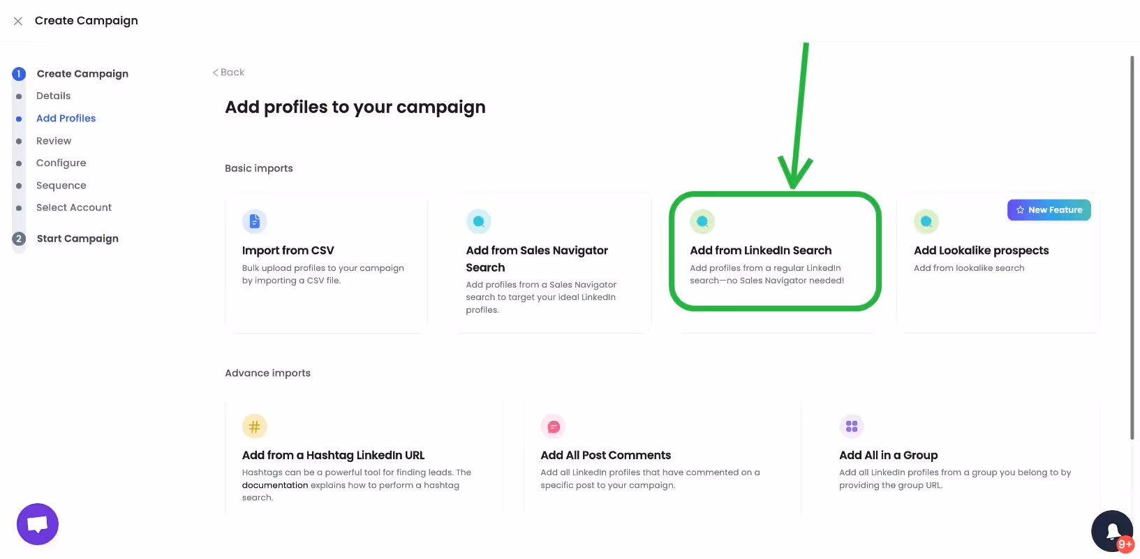A screenshot of a screen showing LinkedIn outreach campaign options.