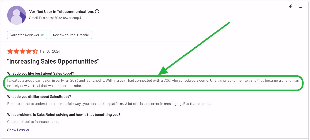 Positive review of Salesrobot experience