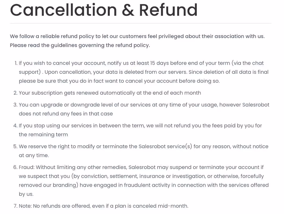SalesRobot cancellation policy