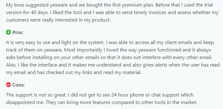 Customer review of Yesware telling that their customer support is not so great.