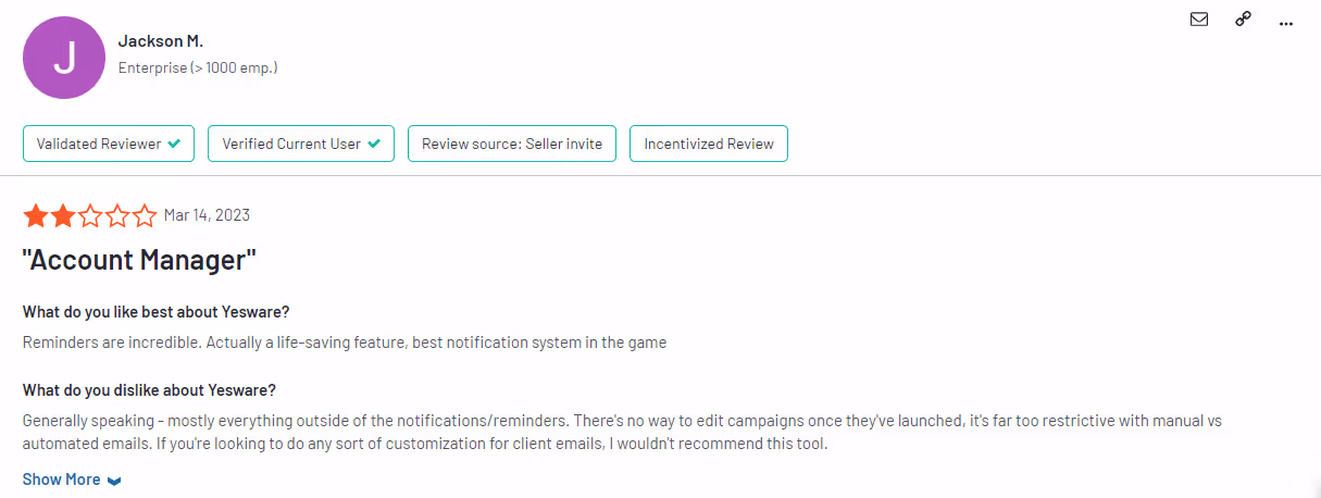 Customer review of Yesware telling about the difficulty of editing campaigns.