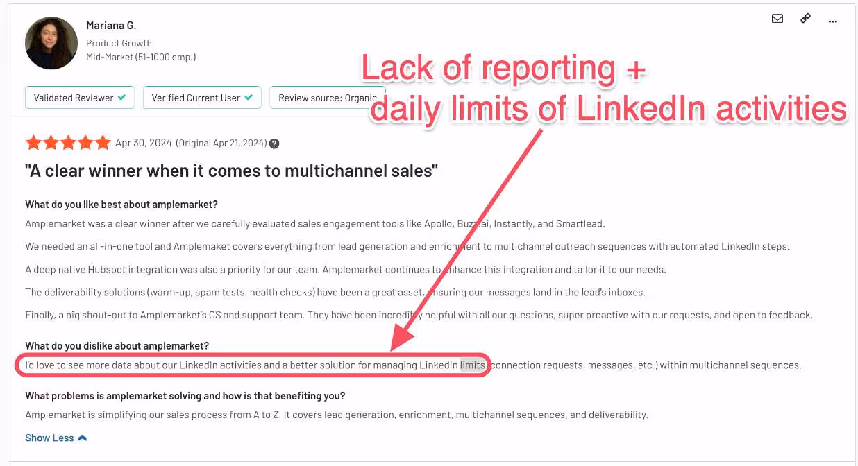A review saying Amplemarket limits LinkedIn activity