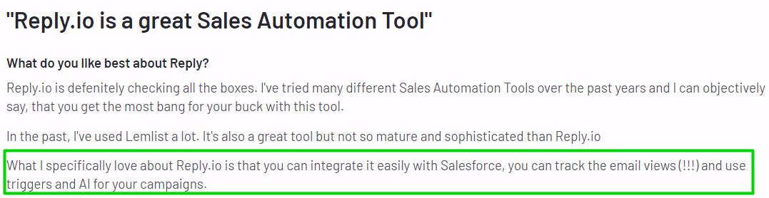 Reply.io review by customer on g2.
