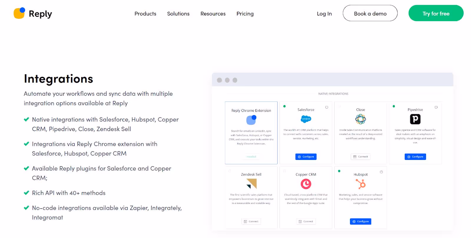 Reply.io integrations page.