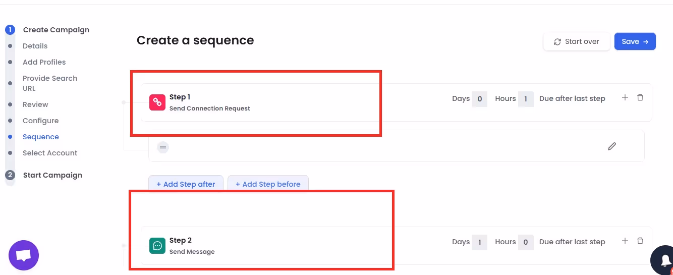 Image of adding sequence steps on SalesRobot