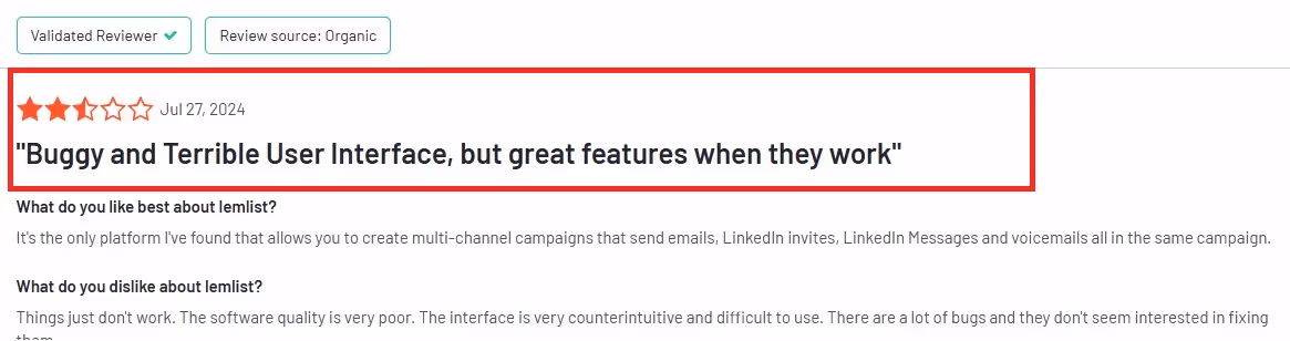 Lemlist review on g2