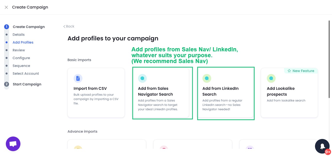 SalesRobot interface guiding the user to add profiles to their campaign using Sales Nav/LinkedIn.
