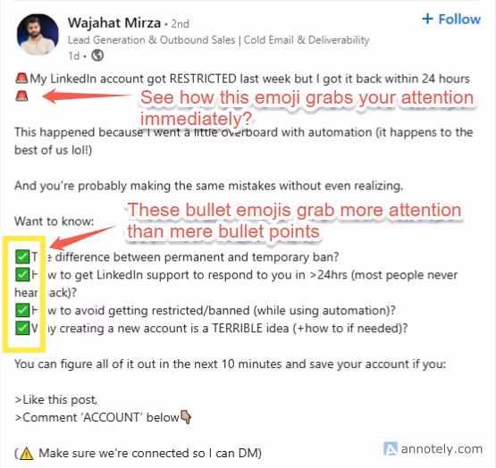 Use of appropriate emojis in a LinkedIn post