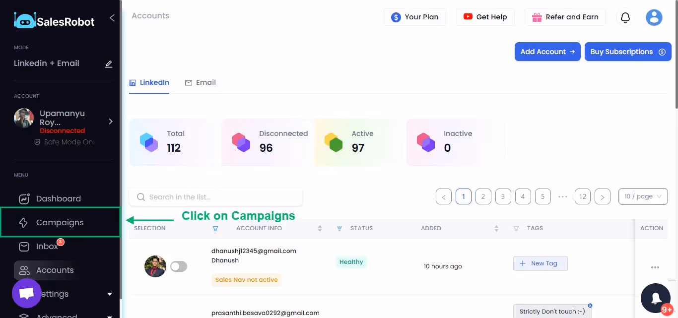 A screenshot of the SalesRobot dashboard with the Campaigns tab highlighted.