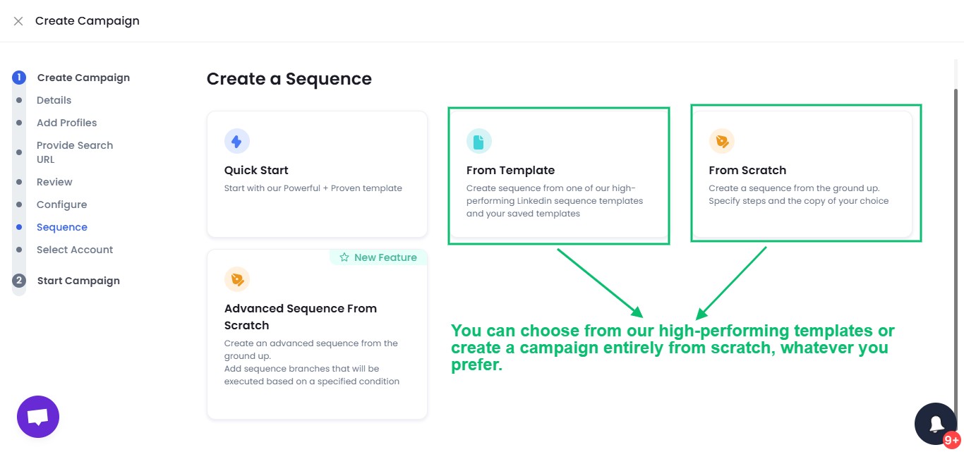 SalesRobot interface showing options to create a sequence from a template or from scratch.