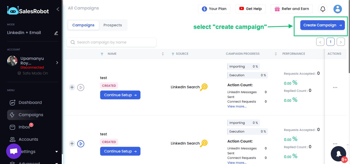 SalesRobot interface displaying the Create Campaign button.
