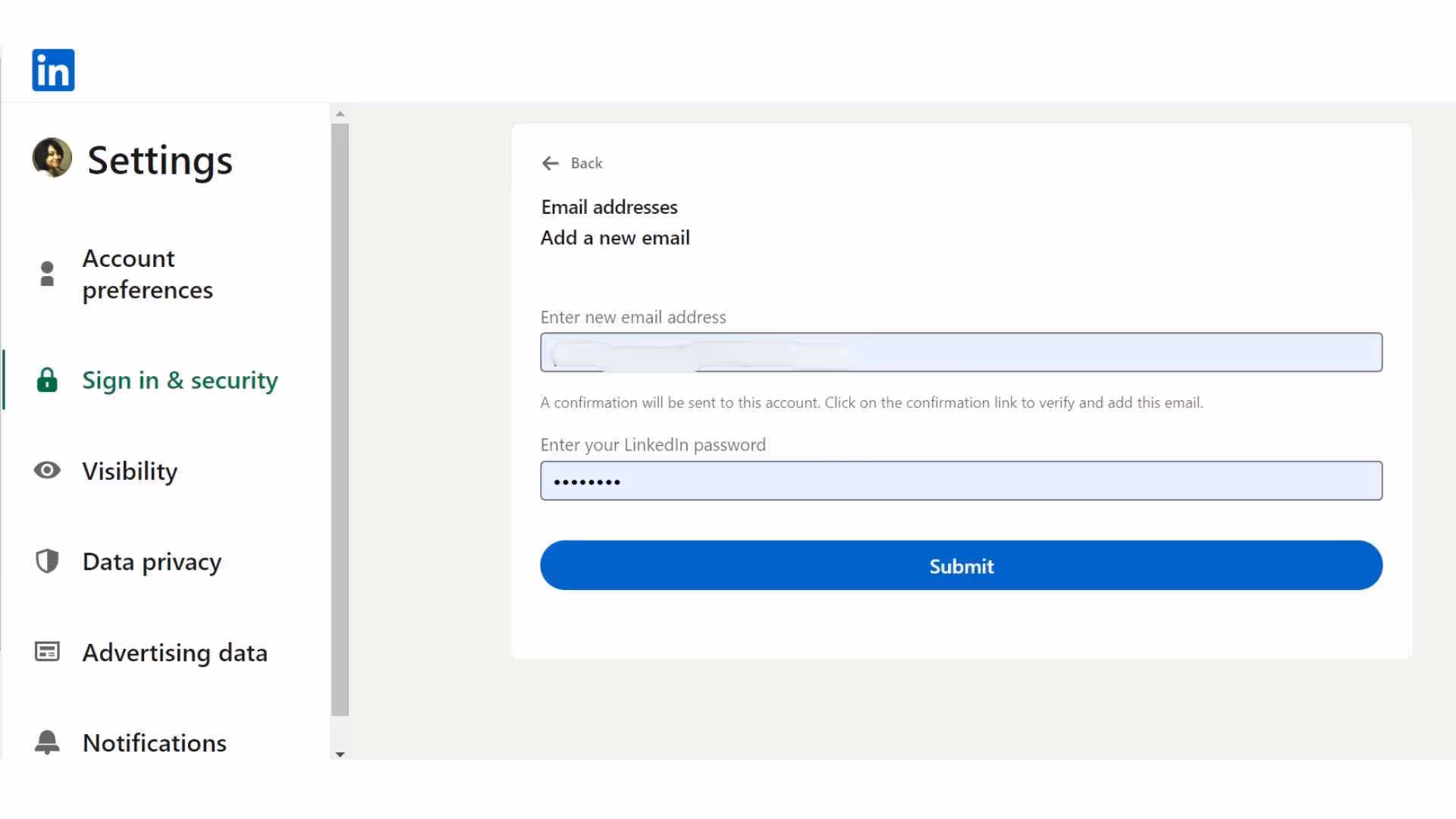 A text box for adding new email address.