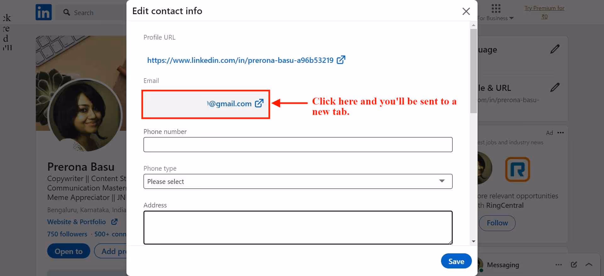 Go to contact info and click on your email.