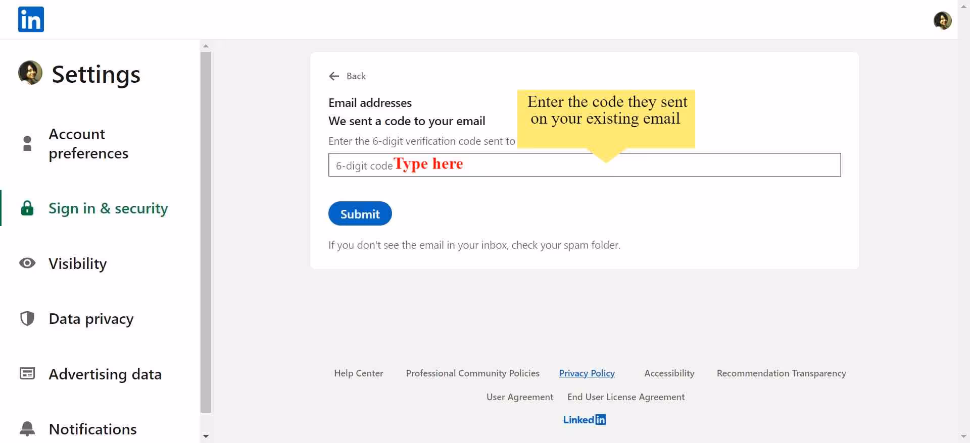 A text box for typing to enter your 6 digit code.