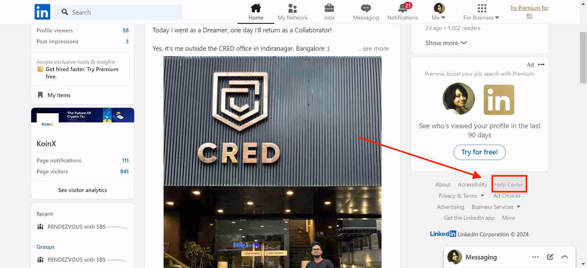 The Help Center option on LinkedIn.