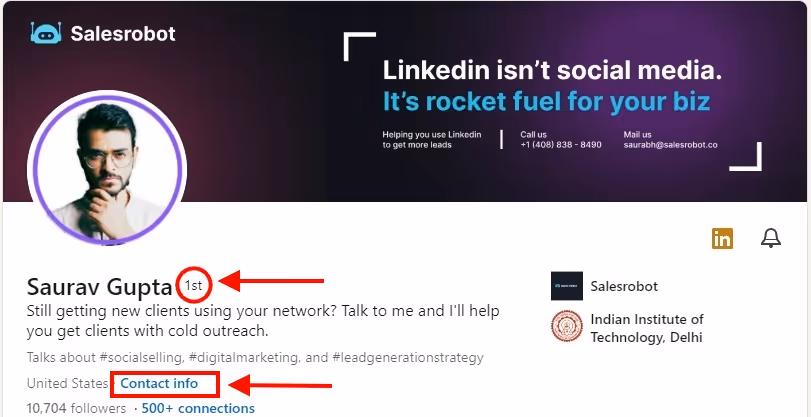 how to spot a 1st degree connection and see their contact details. 