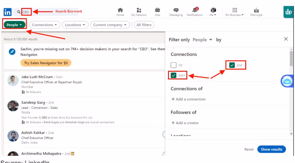 how to search 2nd+ degree connections on LinkedIn. 