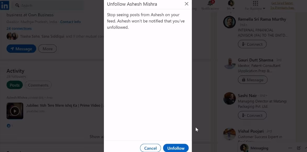The Following and followers options under Manage My Network.