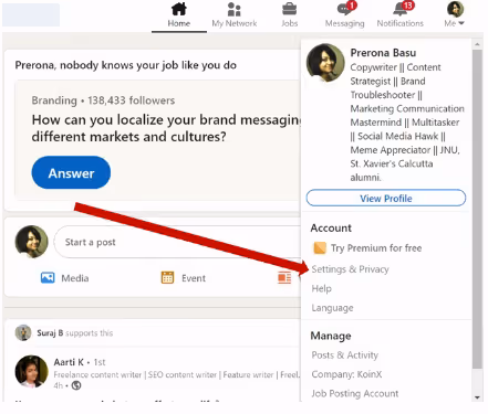 The settings and privacy options in your profile
