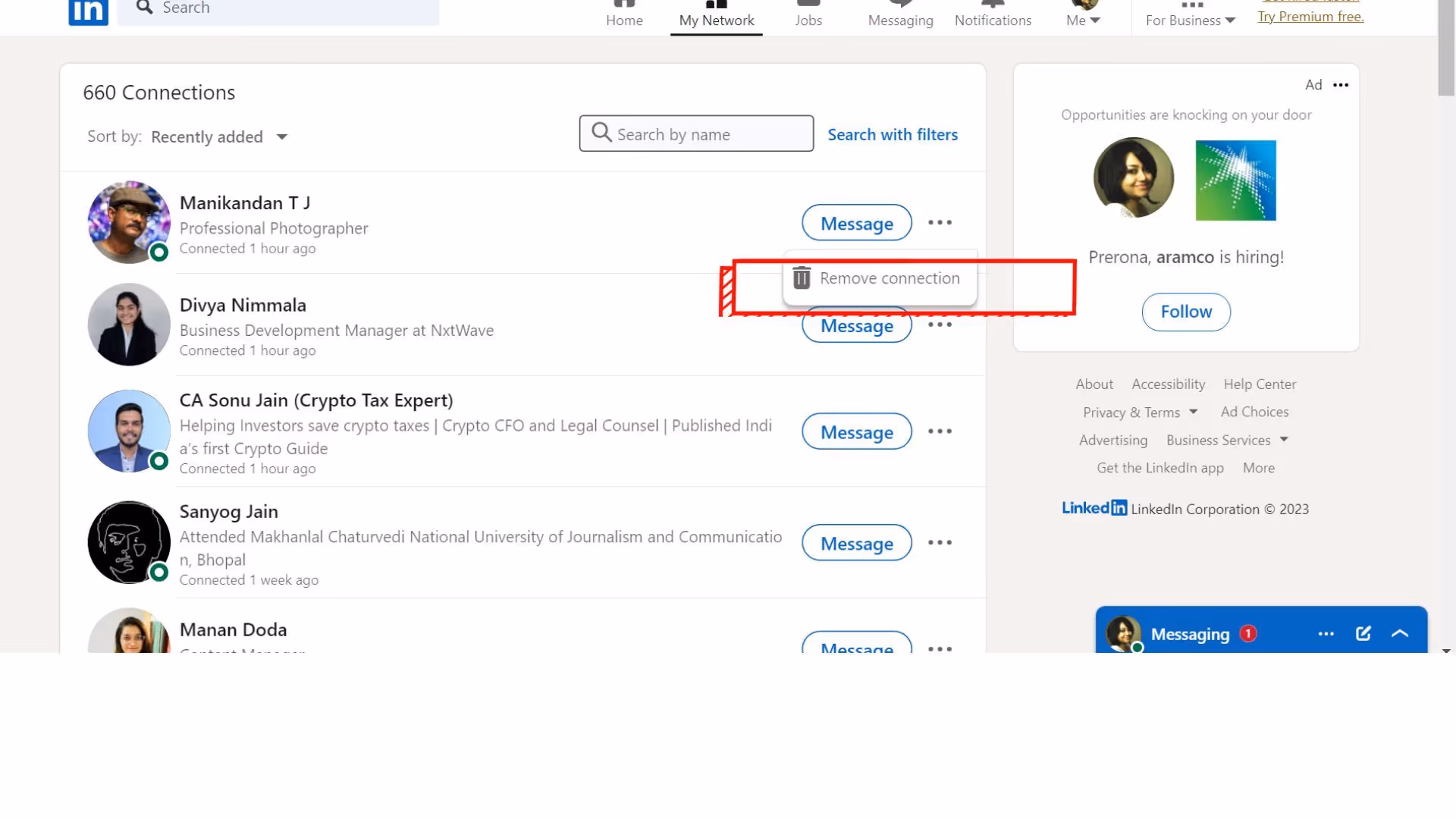 How the remove connection option appears.