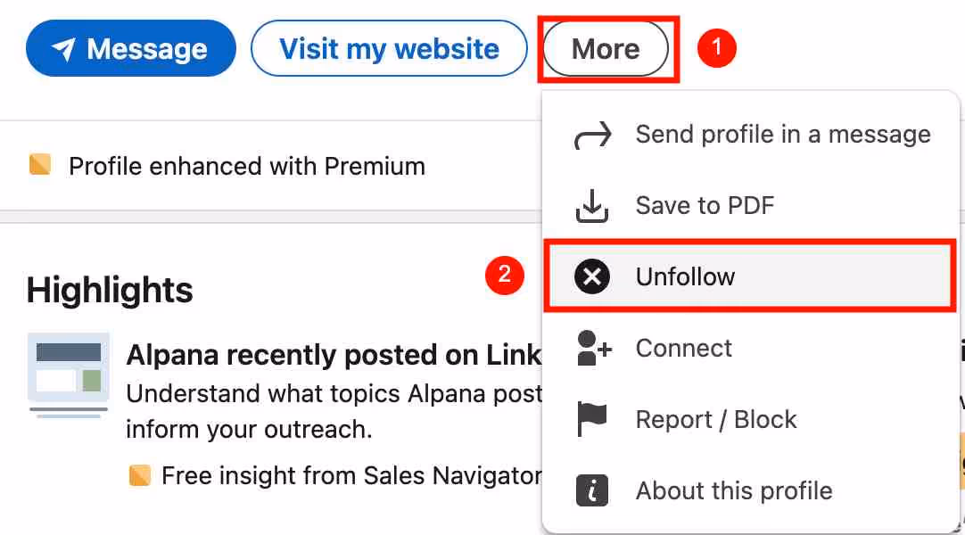 The Unfollow button looks like this at the bottom of the page.