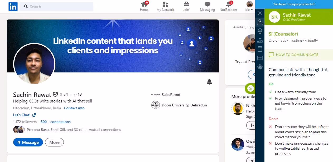 CrystalKnows extension analyzing a LinkedIn profile