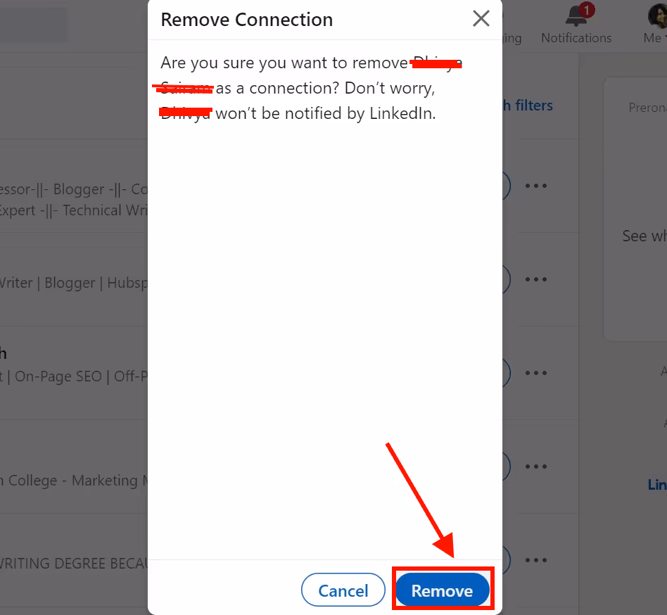 A pop-up with the Remove Connection button.