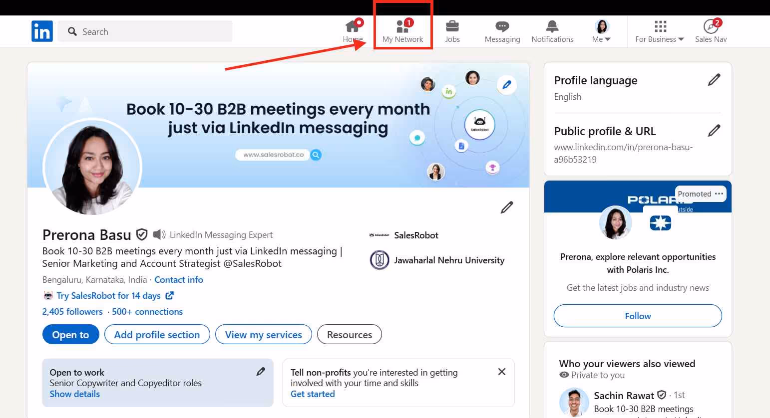 Screenshot of a LinkedIn profile showing the 'My Network' tab.