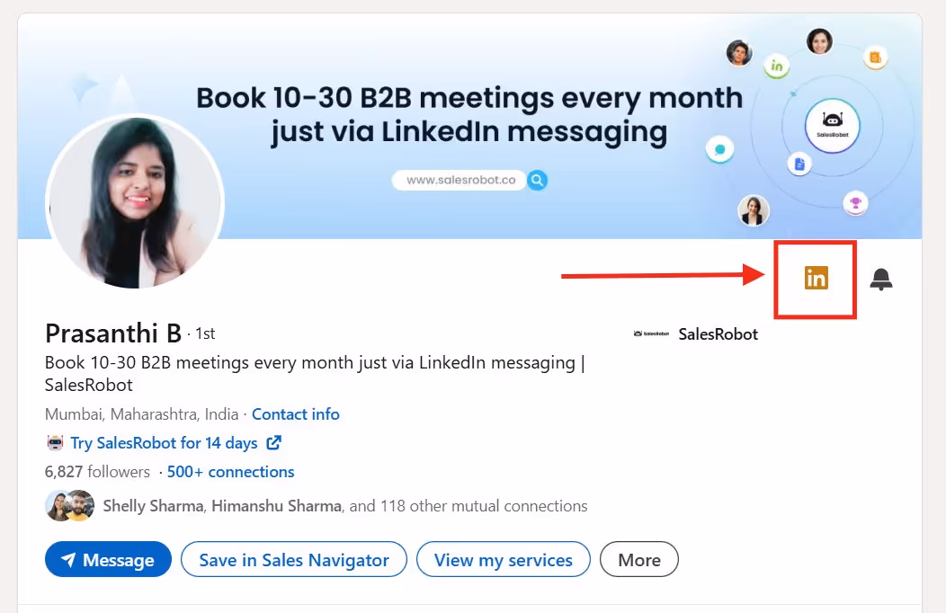 LinkedIn profile of Prasanthi B showing she books many B2B meetings via LinkedIn.