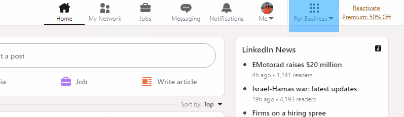 'For business' option on LinkedIn profile's home page.