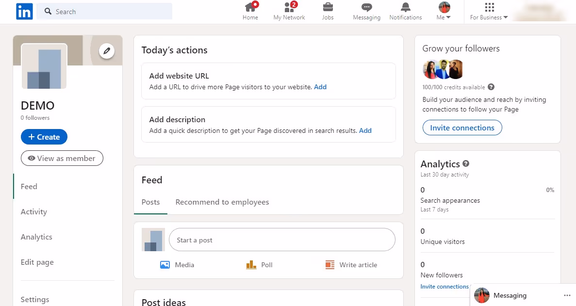 Super admin view of a demo LinkedIn business page.