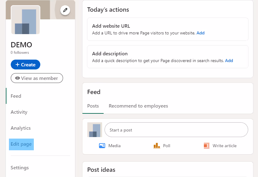 Edit page option on a demo LinkedIn page.