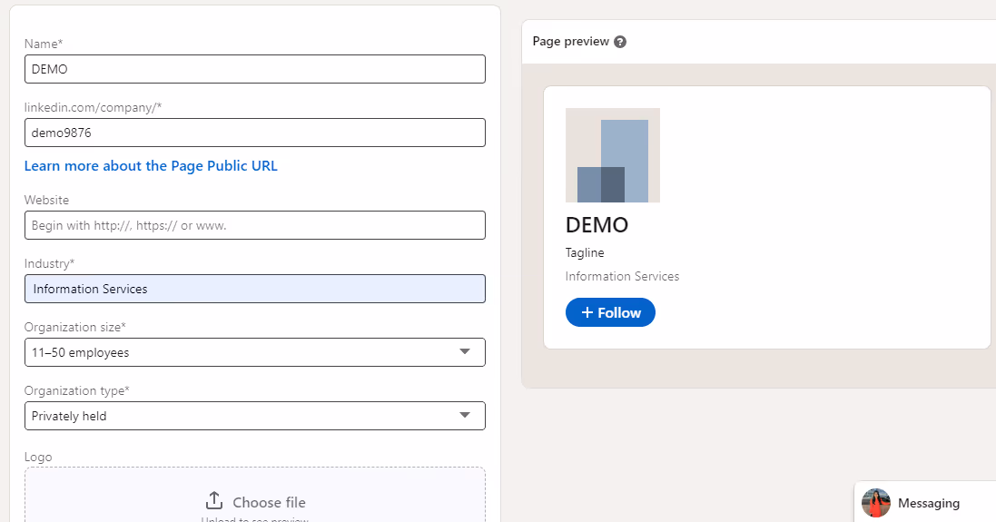 Form to fill the company's details for a LinkedIn company page.