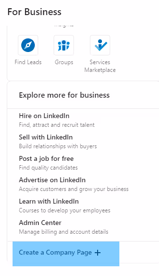 'Create a Company page' option from the drop-down menu.