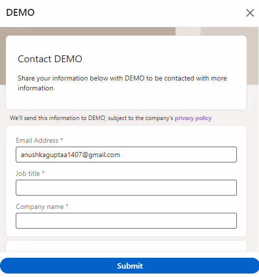 Lead generation form for a LinkedIn company page.