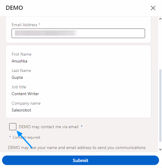 Auto-filled lead gen form on LinkedIn.