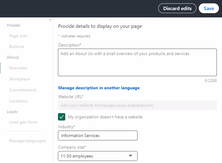 'Save' option after editing information for a LinkedIn company page.