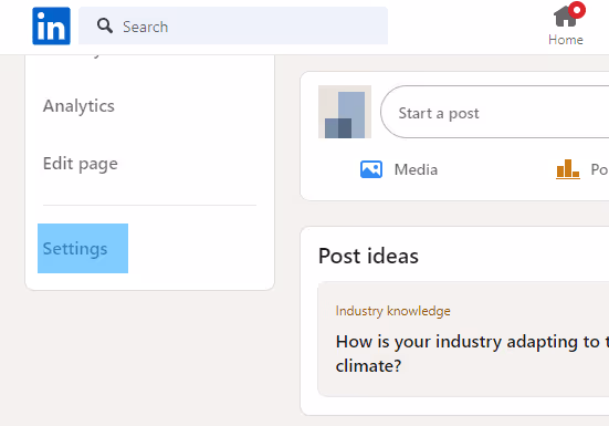 Settings option on a demo LinkedIn business page.